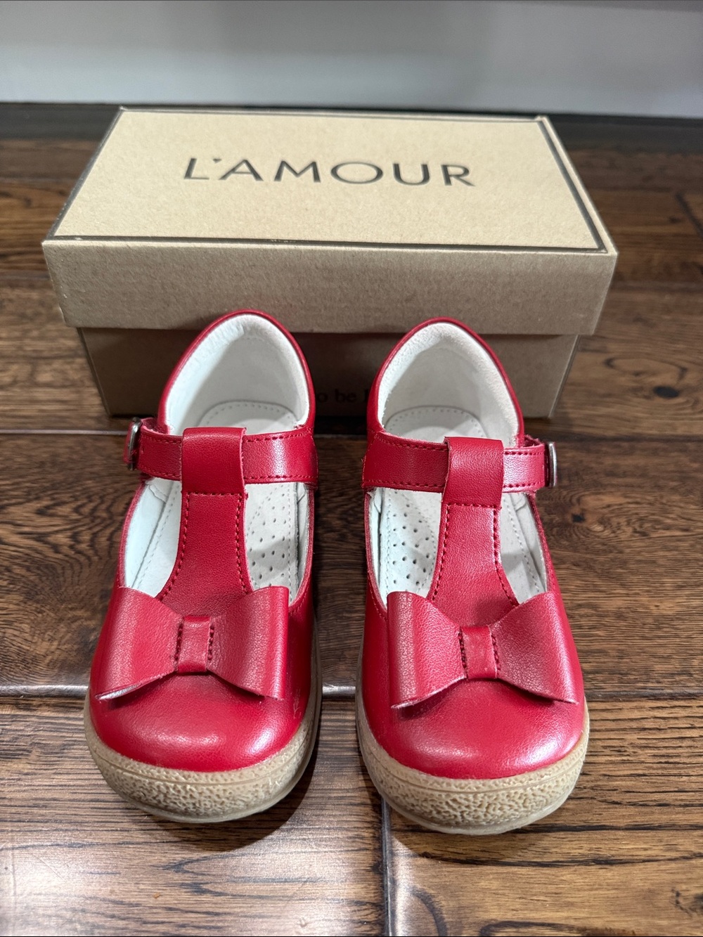 L'Amour Girls Red Classic Emma  T-Strap Mary Janes with Bow